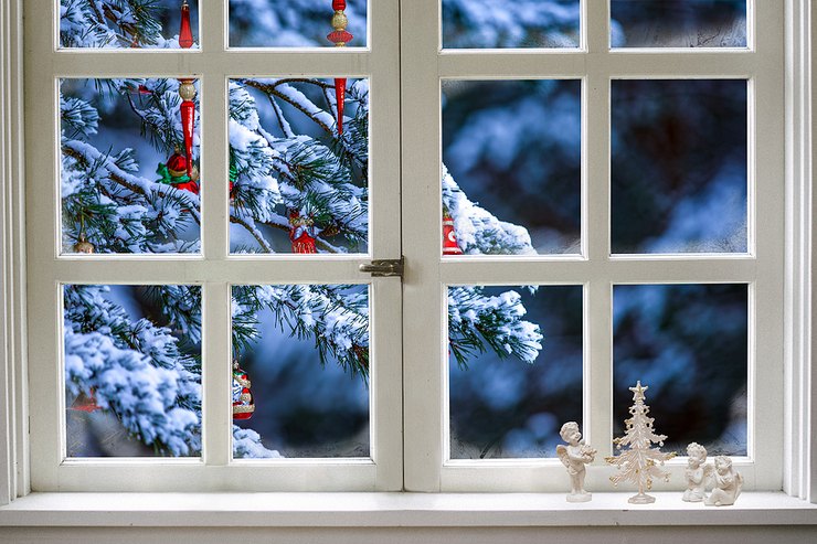 Christmas Decorations on Spruce Through Window