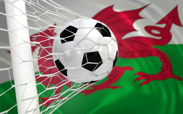 Football Hitting Net Against Welsh Flag
