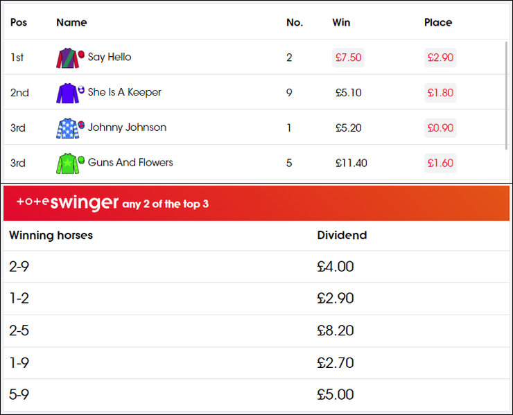 Example of a Tote Swinger Dividend in a Race with a Dead Heat For Third Place